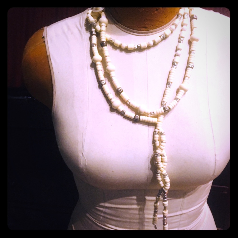BOGO mostly ivory with gold and silver beads 68” fun necklace